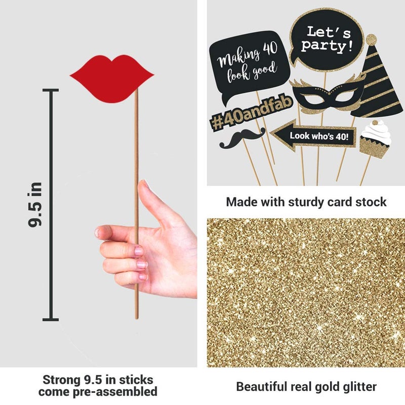 Perfect Occasion Fully Assembled 40th Birthday Photo Booth Props - Set of 30 - Black & Gold Selfie Signs - 40th Party Supplies & Decorations - Cute Bday Designs with Real Glitter - Did We Mention No DIY - Image 3